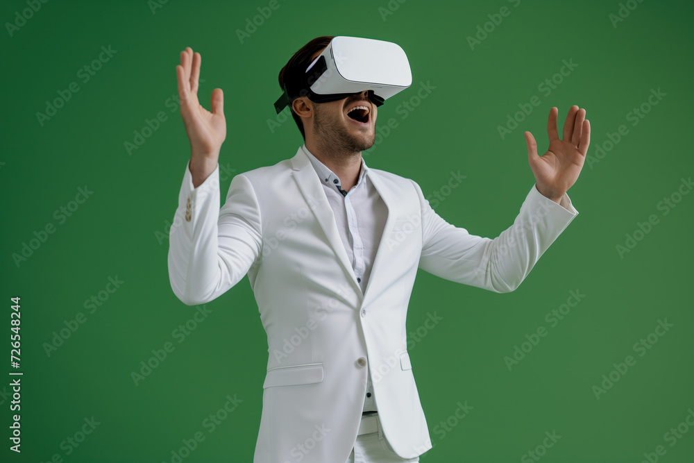 A stylish man stands tall in his crisp white suit, his hands raised in confidence as he showcases his impeccable fashion sense with a dapper hat and sharp collar A stylish man stands tall in his crisp white suit, his hands raised in confidence as he showcases his impeccable fashion sense with a dapper hat and sharp collar