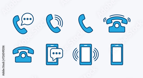 Telephone and communication icon set. Containing call center, contact us, ringing phone and smartphone, voice message for apps and websites. Vector illustration