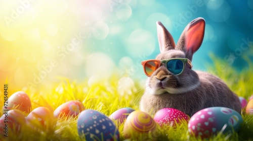Easter bunny and easter egg with sunglasses, bright background, vibrant colour, natural light, photography