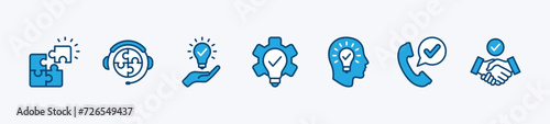 Creative business solutions icon set. Containing innovation, resolve, answer, idea, creativity, problem-solving, call service support, thinking. Vector illustration