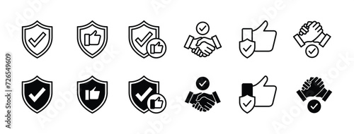 Reliable thin line icon set. Containing trust, confidence, trustworthy, credibility, friends, truth, sincerity and honesty for safety, secure, shield protection. Vector illustration