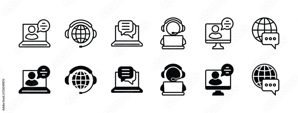 Online customer service and support icon set. Containing assistance, help, operator, hotline, call center, technical support, staff, and global communication agent. Vector illustration