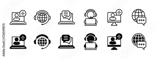 Online customer service and support icon set. Containing assistance, help, operator, hotline, call center, technical support, staff, and global communication agent. Vector illustration