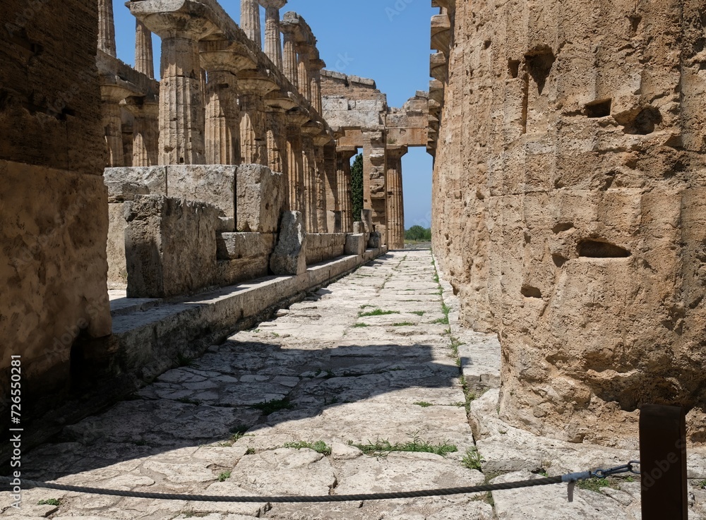 Architectural details of the famous temple of Hera in the famous ruins of PAESTUM, Salerno, Campania, Italy