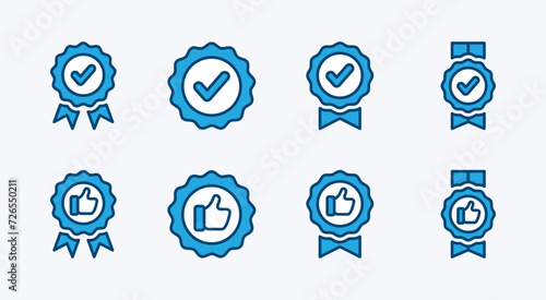 Approved or certified badge medal icon set. Approval check mark and thumb up on medal. Containing quality, brand, stamp, inspector checking, award, reward, winner, prize. Vector illustration