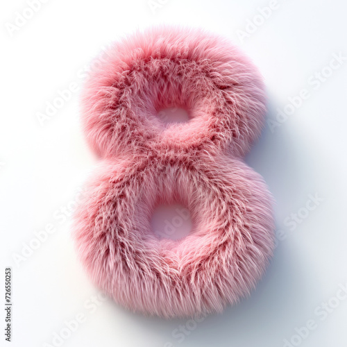 A pink fuzzy number eight on a white surface