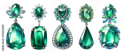 Emerald earrings watercolor illustration material set