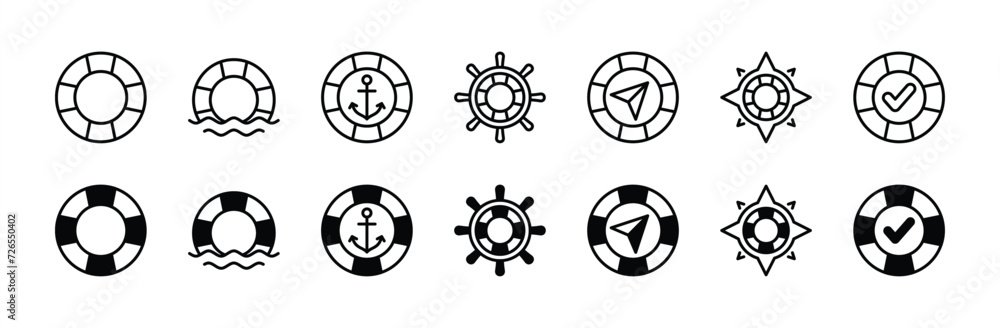Lifebuoy thin line icon set. Life buoy thin line icon with steering wheel, anchor, compass, wave, and wind rose for help, support, service. Vector illustration - obrazy, fototapety, plakaty 