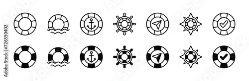 Lifebuoy thin line icon set. Life buoy thin line icon with steering wheel, anchor, compass, wave, and wind rose for help, support, service. Vector illustration