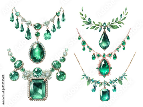 Emerald necklace watercolor illustration material set