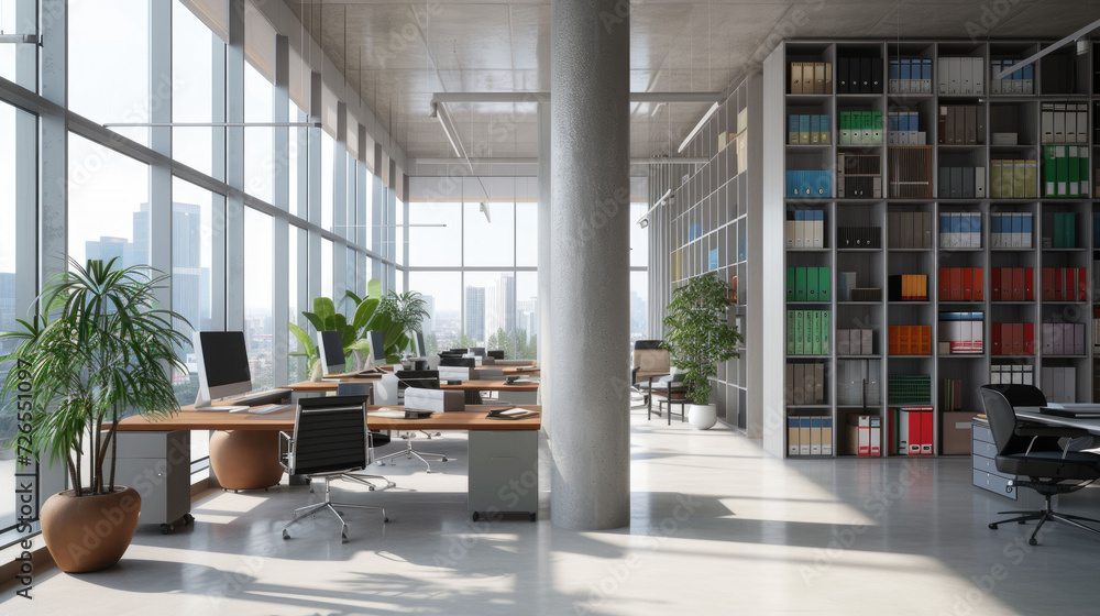 custom made wallpaper toronto digitalSpacious and well-lit modern corporate office interior with a long meeting table, floor-to-ceiling windows, and a panoramic view of the cityscape.
