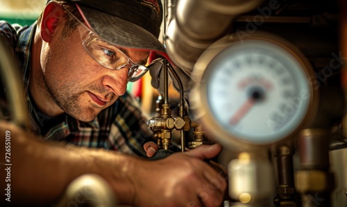 Stationary water engineer at work. plumber carefully fixes a leak from tubes using a wrench.