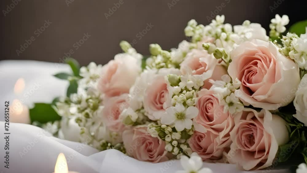 A delicate bouquet of pink roses with thin twigs of small white flowers. Generative AI A delicate bouquet of pink roses with thin twigs of small white flowers. Generative AI