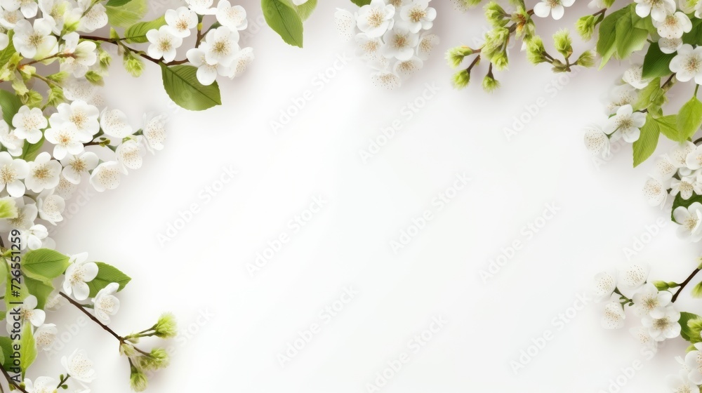 Fototapeta premium Spring easter background with space for text. Cherry tree flowers on white background. Greeting banner. AI generated.