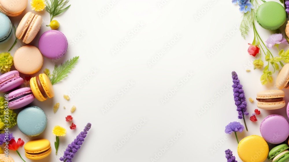 Spring easter background with big copy space for text. Bright macaroons and flowers. Birthday or wedding banner decoration. Spring easter background with big copy space for text. Bright macaroons and flowers. Birthday or wedding banner decoration.