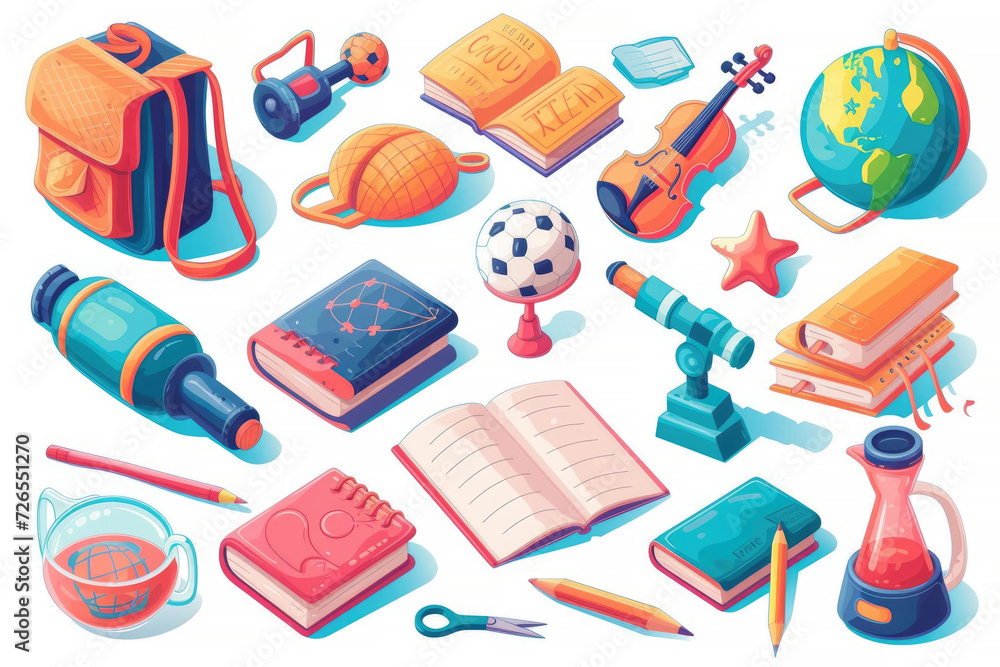 An array of vibrant and playful educational tools, including a school backpack, books, a globe, musical instruments, and scientific apparatus, illustrated in a bright and engaging style.
An array of vibrant and playful educational tools, including a school backpack, books, a globe, musical instruments, and scientific apparatus, illustrated in a bright and engaging style.