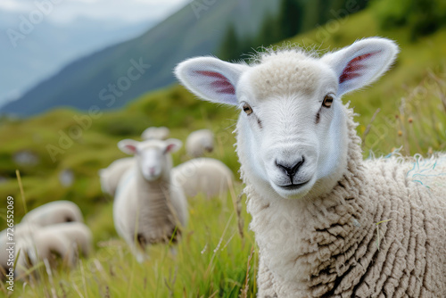 sheep on a pasture in the mountains looks at the camera close-up