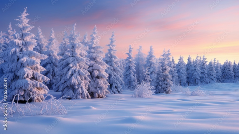 Breathtaking view of snowy landscape, trees covered in snow under colorful sunset. Snow-covered trees at sunset in a tranquil winter landscape.