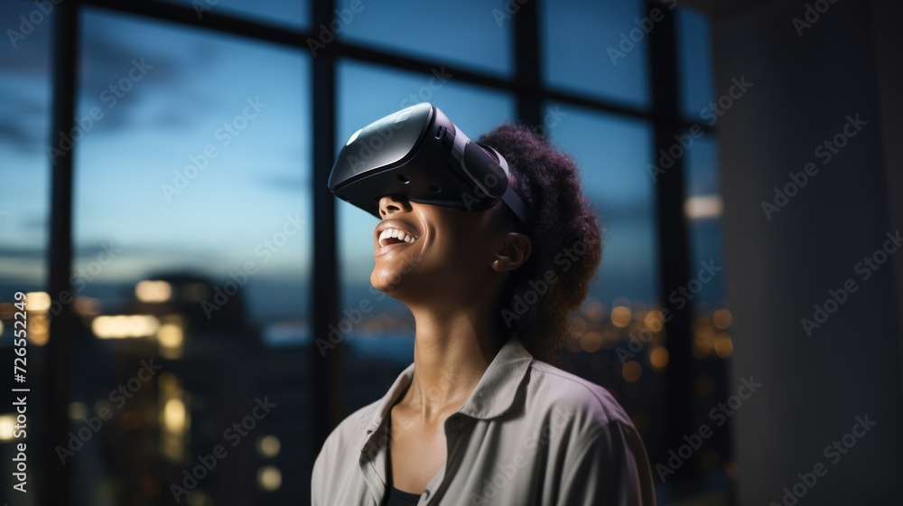 Portrait of happy businesswoman using virtual reality headset in office Portrait of happy businesswoman using virtual reality headset in office