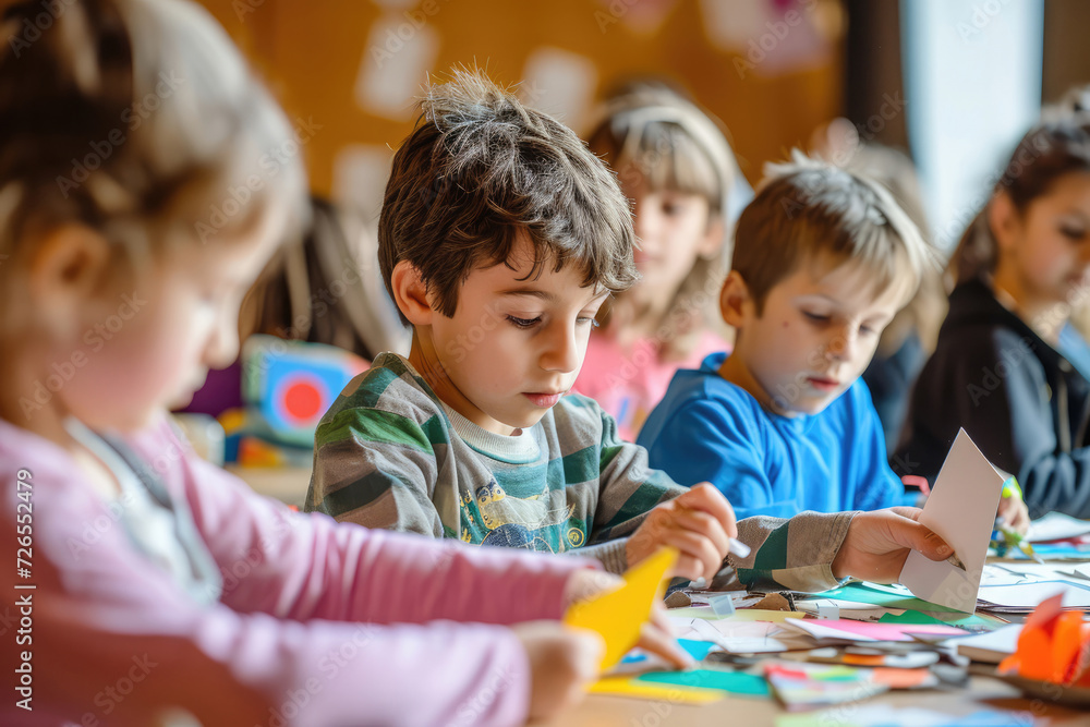 Obraz premium Group of children are doing creative work at table in orphanage. Abandoned orphans make crafts with their own hands.