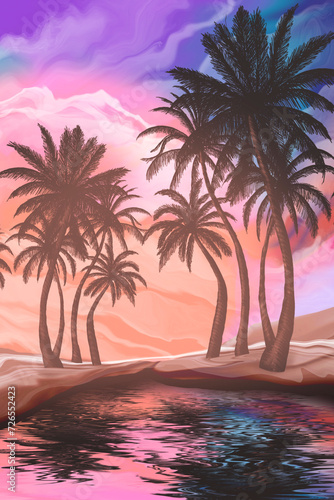 Fototapeta Naklejka Na Ścianę i Meble -  Seascape with palm trees at sunset, neon, silhouettes of palm trees, reflection in the water.