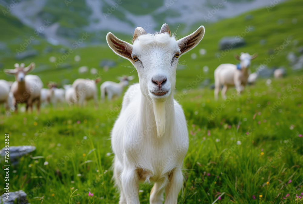 White goat grazing on a green mountain pasture close-up White goat grazing on a green mountain pasture close-up