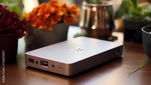 A portable external hard rive positioned on a desk, the sleek metallic finish and subtle branding catching the light against a neutral solid color backdrop