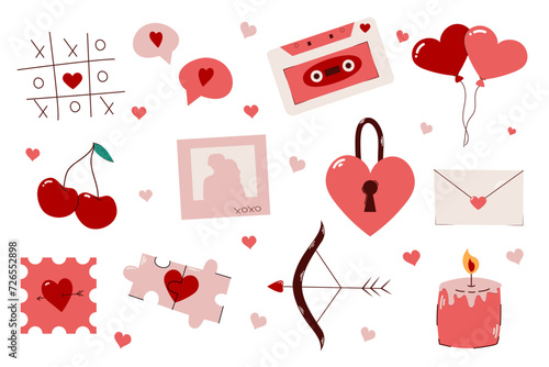 Set of romantic elements for Valentine's Day. Cute love objects. Retro stickers
