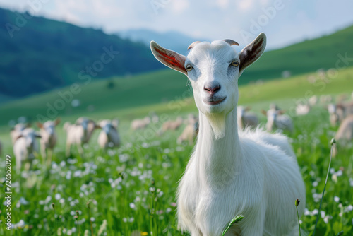 White goat grazing on a green mountain pasture close-up