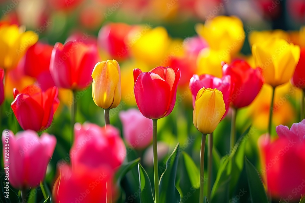 Close-up photography of a vibrant field of Tulips, Colorful Tulips in full bloom. Spring Flowers Background.
