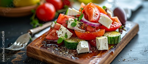 Delicious Greek salad appetizers on a wooden cutting board, perfect for wine or snacking