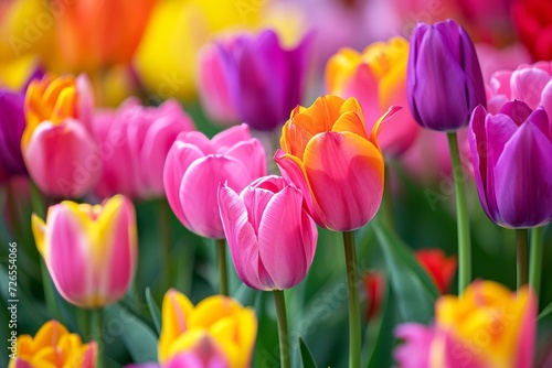 Close-up photography of a vibrant field of Tulips  Colorful Tulips in full bloom. Spring Flowers Background. 