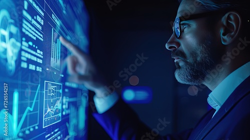 Expert business analyst in a suit analyzing and pointing at futuristic digital data charts on a high-tech interactive screen.