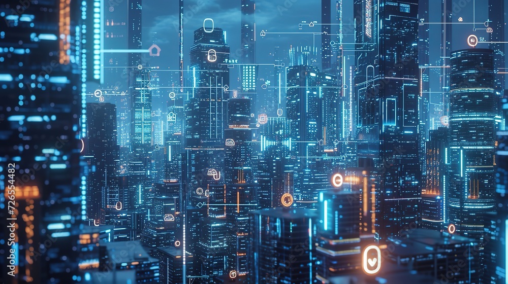 Obraz premium Night view of an advanced technological cityscape overlaid with futuristic interface icons symbolizing connectivity and data.