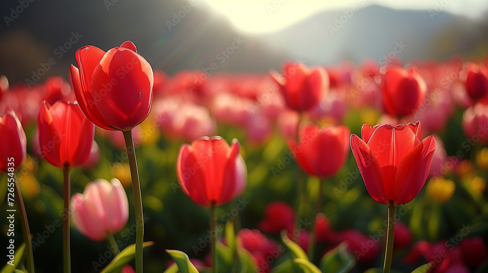 Obraz premium Amazing white,red, pink tulip flowers blooming in a tulip field, against the background of blurry tulip flowers in the sunset light. Fresh bright yellow spring tulips, Bouquet of spring tulips 