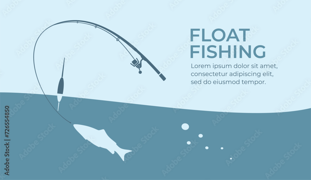 Fishing and active hobby. Fishing rod with fishing line float and hook. Fish biting a lure. Floats fishing on the lake or river. Color vector illustration flat design. Isolated on background. - obrazy, fototapety, plakaty 