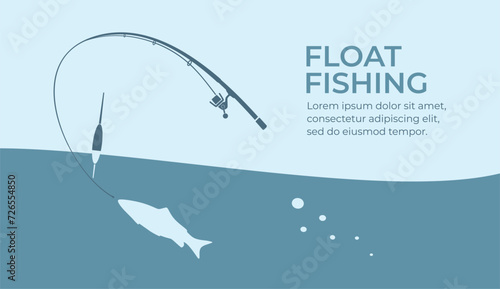 Fishing and active hobby. Fishing rod with fishing line float and hook. Fish biting a lure. Floats fishing on the lake or river. Color vector illustration flat design. Isolated on background.