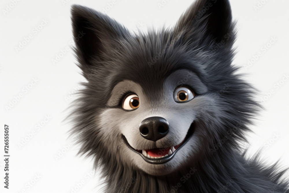 Obraz premium Black Wolf on a white background. Adorable 3D cartoon animal close-up portrait.