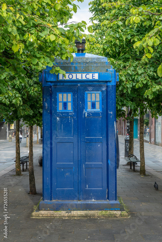 Vintage blue Police box in Glasgow, Scotland UK