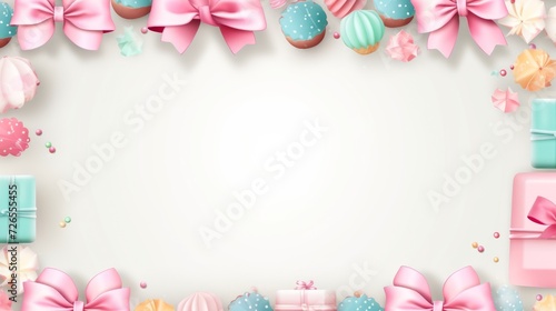 A frame with a place for text with birthday little cakes, gift boxes on a white background
