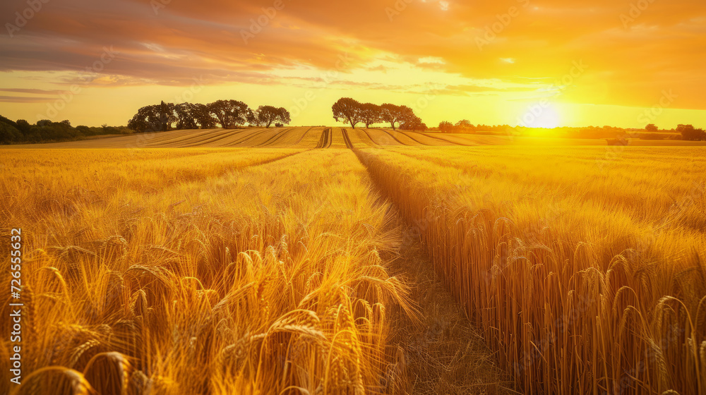 Golden wheat leading to tree-lined horizon at sunset