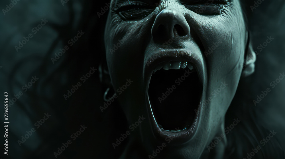 Naklejka premium a close up of a screaming scared woman with open mouth