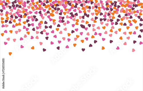 Fototapeta Naklejka Na Ścianę i Meble -  Bright hearts confetti corner frame on white background. Valentine's Day. Banner template. Space for text. illustration.
