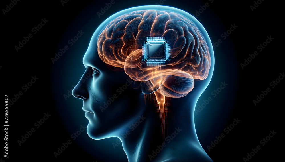 Head with implanted micro chip. Brain-computer interface to connect human brains with external smart devices via implantable brain processors. Illustration vor neuralink.