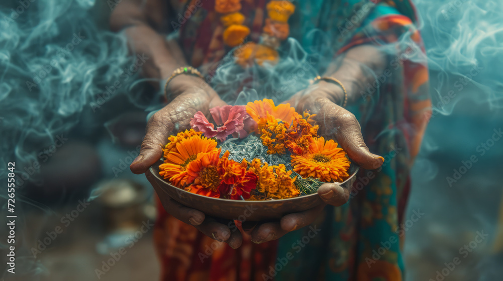 Fototapeta premium Hands holding vibrant flower offerings in a ritual ceremony with smoke
