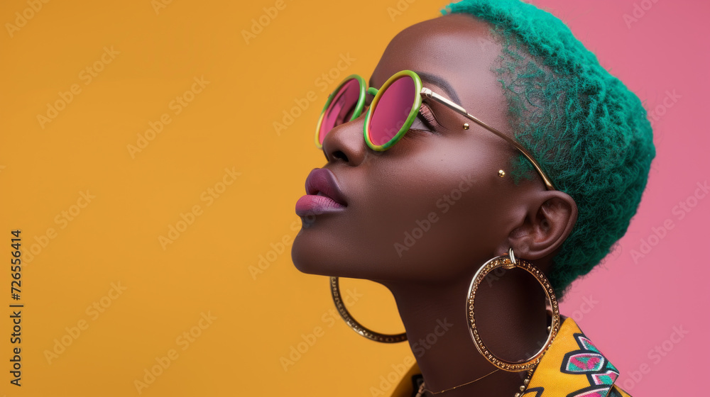 beautiful modern African swag model, wearing jewelery, sunglasses, green hair, looking to the side, bird view, portrait, pink and yellow