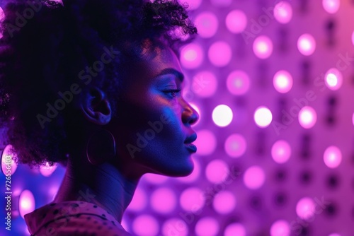 African American woman in studio with neon lights and polka dots.