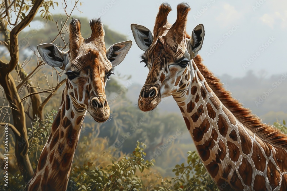 Fototapeta premium Two adult giraffes in a picture.