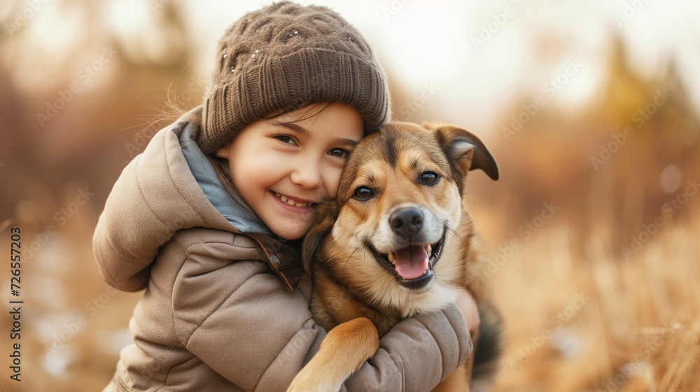 A smiling girl hugs a dog outdoors. Portrait of a happy child with a pet dog. Warm lighting autumn nature