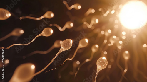 race of white spermatozoid in line towards a solar egg photo